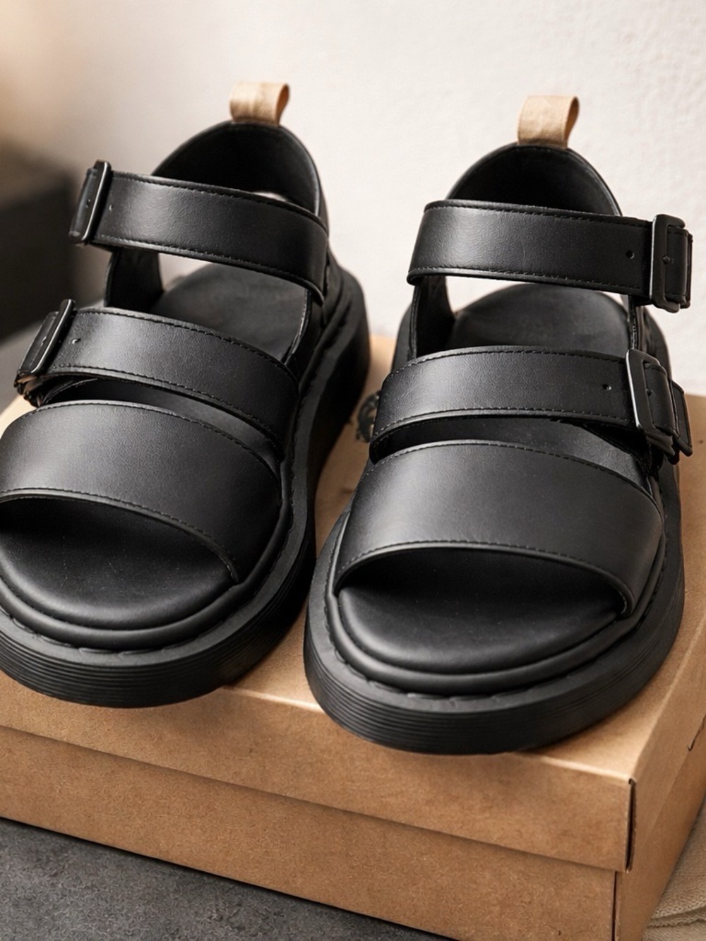 Dr. Martens Black Triple-Strap Lug Platform Sandals